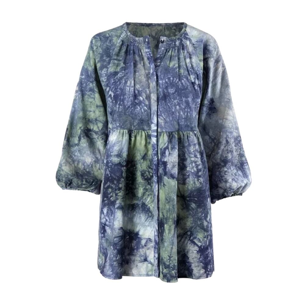 Cabi 5714 Woodstock Top Blue Green Tie Dye Linen Blend Balloon Sleeve Tunic